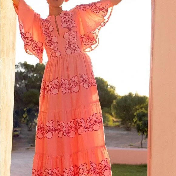 Oliphant Pink Maxi Dress with Dark Pink Embroidery - Picture 2 of 6